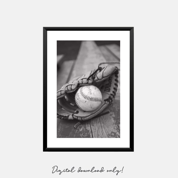 Baseballhandschuh + Baseball-Wandkunstdruck. Sportliches druckbares Poster in Schwarz und Weiß. Digitaler Download für Jungenzimmerdekoration
