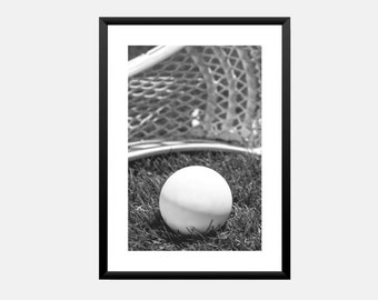 Lacrosse print out poster wall art for sports fan games room or teen boy dorm room decor, digital black & white photograph of lacrosse ball