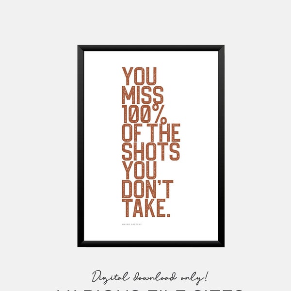 Inspirational Sports Quote Printable Poster for Boys Bedroom Wall Decor in Orange You Miss 100% of the Shots You Don't Take! Digital Saying