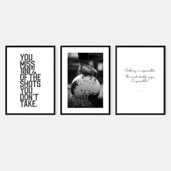 Sports-themed inspiration for boys: Set of 3 digital wall art prints featuring soccer ball motivational quotes and Wayne Gretzky message