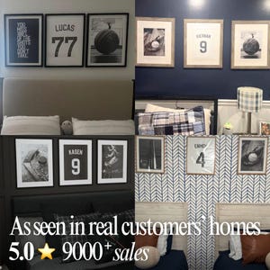 May include: A collection of framed wall art prints featuring sports themes, including basketballs, baseball gloves, hockey sticks, and personalised jerseys with names and numbers like Lucas 77, Kiernan 9, Kasen 9, and Enmo 4, displayed in various home settings.
