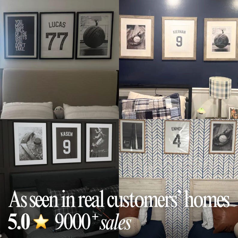 May include: A collection of framed wall art prints featuring sports themes, including basketballs, baseball gloves, hockey sticks, and personalised jerseys with names and numbers like Lucas 77, Kiernan 9, Kasen 9, and Enmo 4, displayed in various home settings.