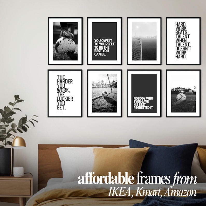 Bold soccer inspiration poster trio motivational sports artwork black white wall prints perfect for teen bedroom or athletic spaces