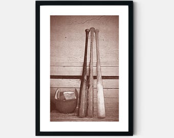 Vintage Baseball Print Retro Baseball Bat Wall Art Sepia Sport Poster Boys Bedroom Teen Baseball Gift Digital Download