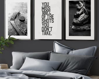 Hockey Wand Kunst Druckt 3er Set Eishockey druckbare Poster mit Inspiration Zitaten Eishockey Digitaler Download für Jungen Zimmer Dekor