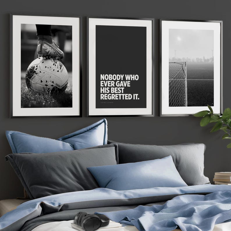 Famous sports quote soccer posters set black and white modern wall art for teen boys room athlete training decor or gaming space