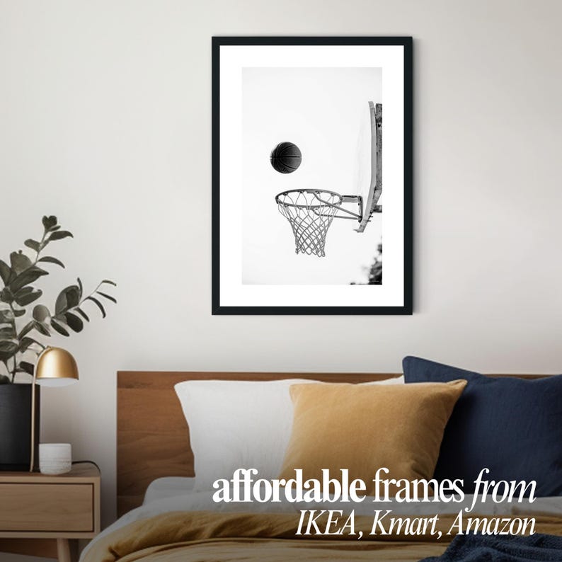 Basketball wall art print black and white hoop photography digital poster for dorm room or athlete bedroom