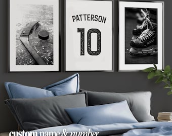 Personalized Ice Hockey Name & Number Poster Set of 3, Framed Hockey Wall Art, Canvas Poster Prints