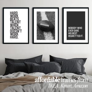 Inspirational football wall art prints, modern black and white poster bundle with quotes for teen sports room or dorm décor.