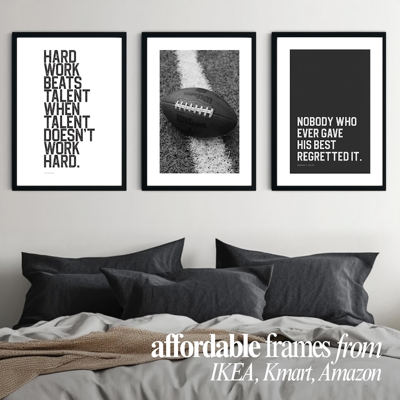 Inspirational football wall art prints, modern black and white poster bundle with quotes for teen sports room or dorm décor.
