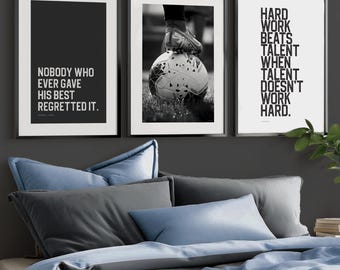 Soccer Prints Set of 3 Boys Room Decor, Inspirational Sports Quote Wall Art Teen Bedroom, Black and White Soccer Poster Gift for Boy