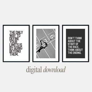 Running Track Set of 3 Printable Posters with Famous Inspirational Quotes From Runners Teen Boys Room Decor in Black & White Digital File