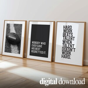 Modern football motivational printables bundle for sports-themed bedroom decor, minimal grayscale artwork for teen athlete wall display