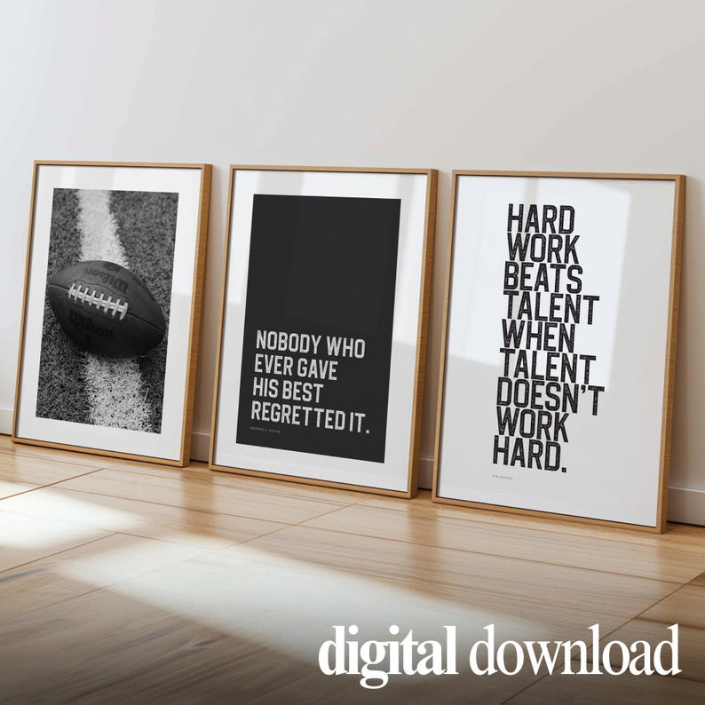 Modern football motivational printables bundle for sports-themed bedroom decor, minimal grayscale artwork for teen athlete wall display