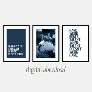 Set of 3 Soccer Prints with Famous Inspirational Sports Quotes in Navy Blue Bold Motivational Wall Art Posters for Your Teen Boys Room Decor