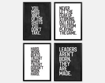 Inspirational sports quotes in black & white for teen room decor, Set of four motivational sports prints for boys, Digital download