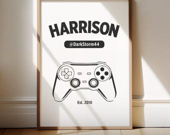 Pôster personalizado para gamer com nome e usuário, arte de parede para quarto gamer, presente perfeito para o seu filho.