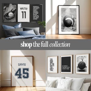 May include: A collection of framed wall art prints featuring sports themes, including a baseball glove and ball, a football, a basketball, and various typographic designs with names like Walter and Davis and motivational quotes in black and white.