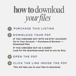May include: An instructional graphic titled how to download your files with four numbered steps. It explains purchasing the listing, downloading the PDF via Etsy account or guest email, opening the PDF, and clicking the link inside to access files.