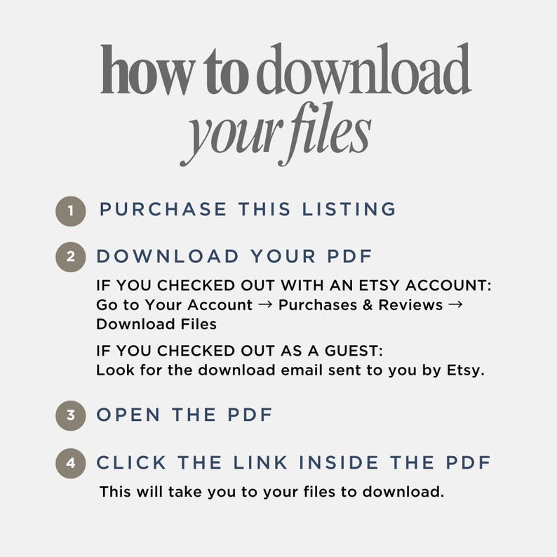 May include: An instructional graphic titled how to download your files with four numbered steps. It explains purchasing the listing, downloading the PDF via Etsy account or guest email, opening the PDF, and clicking the link inside to access files.