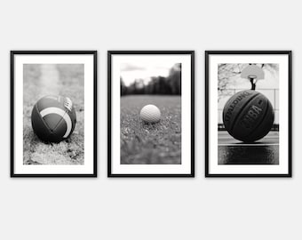 Sports balls art print set of 3 NFL football + basketball + golf printable posters teen room decor art prints black & white digital files