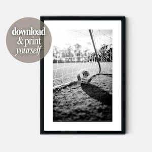 Soccer Ball in Goal print out poster wall art for teen boys dorm room decor or sports fan games room Football goal photograph printable