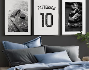 Personalized Ice Hockey Poster Set of 3, Custom Name & Number Prints, Hockey Bedroom Decor, Boy Room Wall Art Digital Download