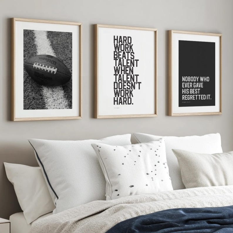 NFL football printable artwork set, motivational sports quote posters for boys’ bedroom or teen athlete wall decoration.