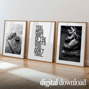 digital download hockey poster set displayed in wood frames