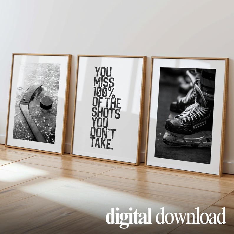 digital download hockey poster set displayed in wood frames