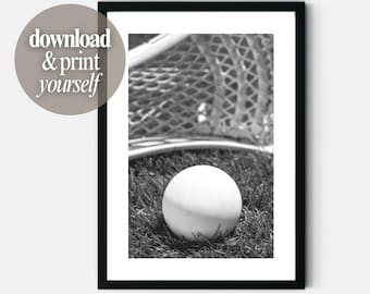 Lacrosse Wall Art Print Black and White Sports Poster Digital Download Lacrosse Ball Photograph for Teen Dorm Room or Games Room Decor