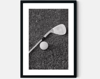 Lámina imprimible de golf: póster deportivo con pelota de golf, fotografía de golf en blanco y negro (descarga digital) para decorar la habitación de un niño.