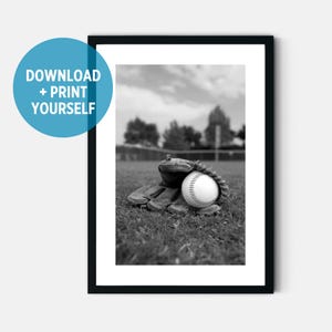 Baseball in Glove Wall Art Print Sports Printable Poster in Black and White Digital Download for Boys Room Decor or for Baseball Fans