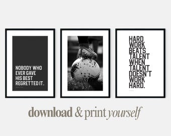 Set of 3 Soccer Prints with Famous Inspirational Sports Quotes in Black & White Bold Motivational Wall Art Posters for Your Teen Boys Room