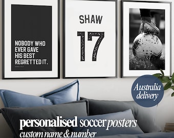 Personalized Soccer Poster Custom Name and Number Print Soccer Gift for Boy Teen Room Decor Sports Wall Art