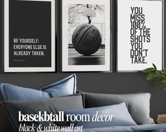 Decoração para Quarto com Tema de Basquete, Conjunto de 3 Quadros de Basquete em Preto e Branco, Decoração para Quarto de Adolescente, Arte Esportiva para Parede
