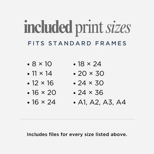 May include: A white informational graphic with dark grey text that reads included print sizes, fits standard frames, and lists dimensions in inches: 8x10, 11x14, 12x16, 16x20, 16x24, 18x24, 20x30, 24x30, 24x36, and A1, A2, A3, A4, with the text includes files for every size listed above.