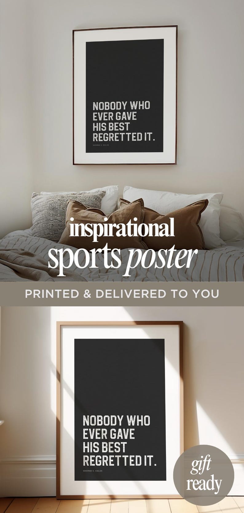 Inspirational sports poster with motivational quote, printed and delivered gift-ready wall art for athletes, teens, or sports fans.