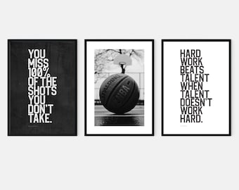 Lot de 3 affiches d'art mural de basket-ball inspirantes pour décoration de chambre de garçons en noir et blanc, téléchargement numérique pour dortoir d'ados