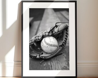 Baseball Gifts for Dad Framed Baseball Glove Wall Art Black and White Print Father's Day Baseball Gift Sport Poster Home Office Decor