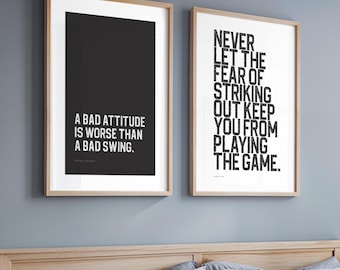 Frases célebres de béisbol para decorar la pared de tu habitación: Babe Ruth y Payne Stewart. Arte mural deportivo imprimible para descargar.