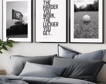 Conjunto de 3 pôsteres inspiradores de golfe para decoração de escritório, em preto e branco, perfeitos para motivar qualquer golfista. Ideal para casa ou escritório. Perfeito como presente para amantes do golfe.