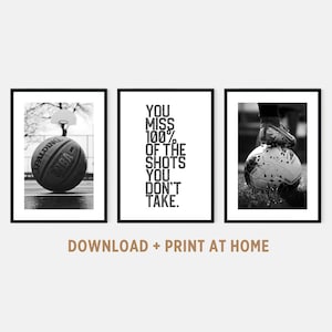 Sports Print Set of 3 for Boys Soccer Basketball Printable Posters with Inspirational Quote Teen Room Decor Art Prints in Black White
