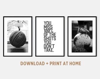 Sports Print Set of 3 for Boys Soccer Basketball Printable Posters with Inspirational Quote Teen Room Decor Art Prints in Black White