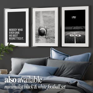 Set of three NFL-inspired motivational quote posters in black and white, printable sports wall art for boys room or game room decoration