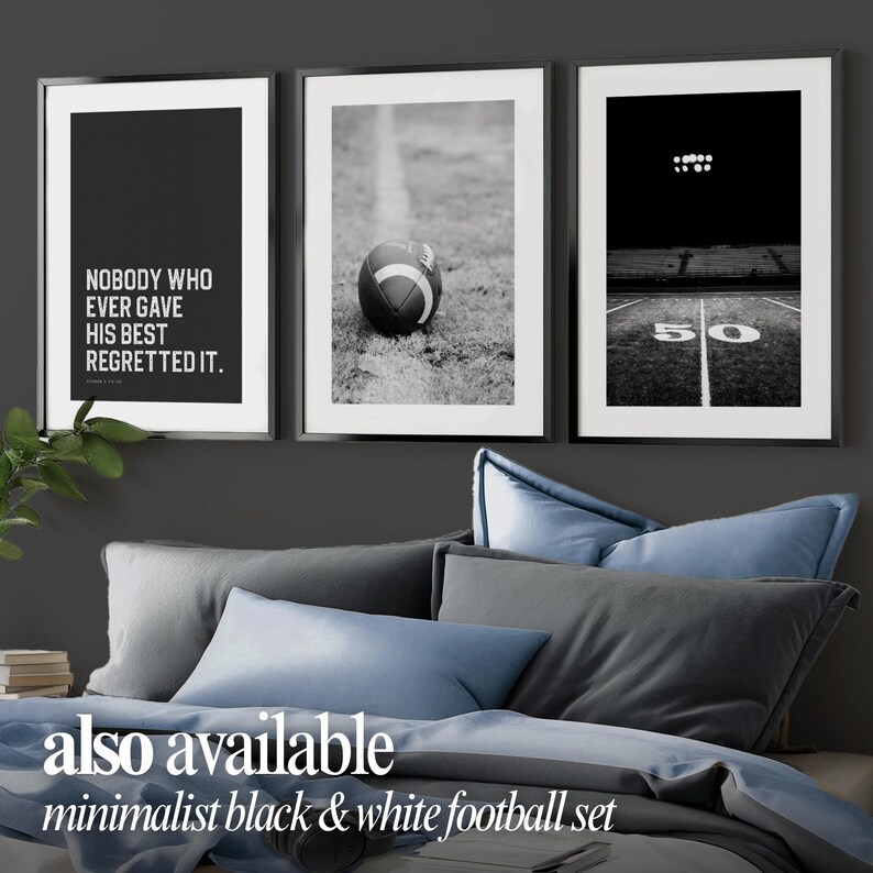 Set of three NFL-inspired motivational quote posters in black and white, printable sports wall art for boys room or game room decoration