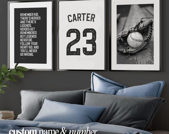 Personalized Baseball Poster Set of 3 Custom Name and Number Print for Kid Bedroom Sports Decor