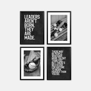 Baseball Wall Art Set of 4 | Teen Boy Room Decor | Bat Glove Inspirational Posters | Boys Bedroom Black White | Digital Download