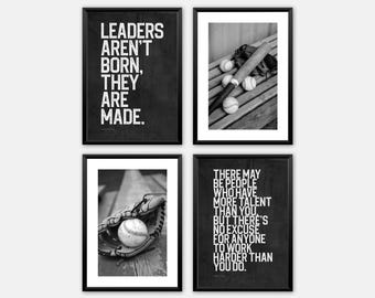 Baseball Wand Kunst 4er Set, Teen Jungen Zimmer Dekor, Fledermaus Handschuh Inspiration Poster, Jungen Schlafzimmer schwarz weiß digitaler Download