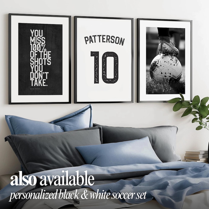 Soccer aesthetic wall art set inspirational quote posters black white sports decor for teen boys bedroom modern athlete room style